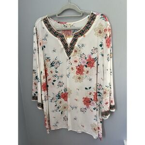 Linda Anderson Women's Floral Tunic Top Size XL V Neck Embroidered 3/4 Sleeve